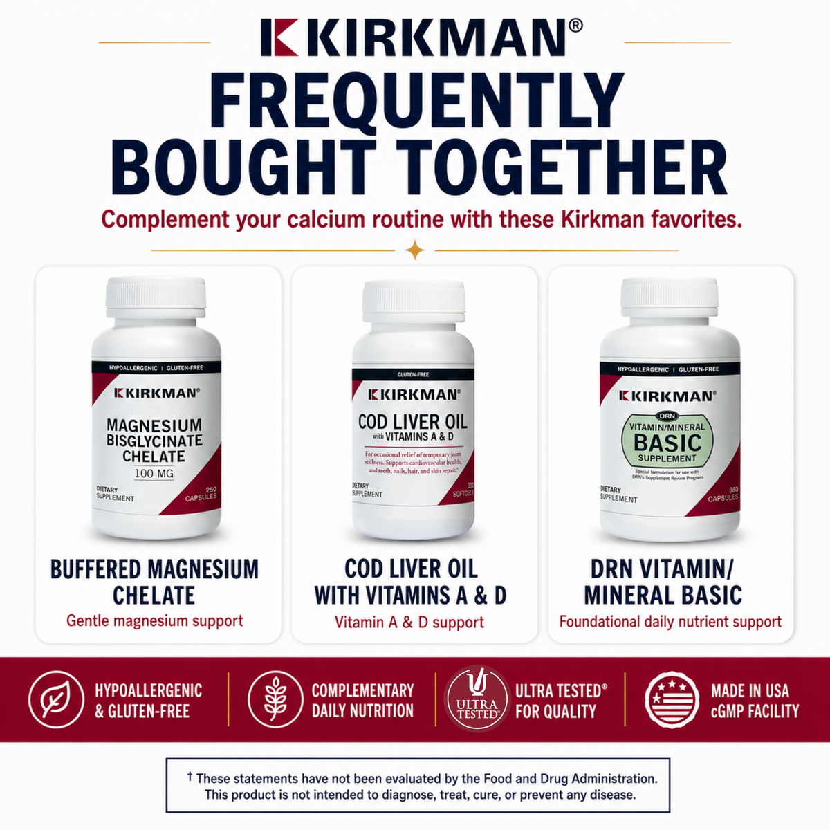 Kirkman Frequently Bought Together promotional graphic showing three supplement bottles: Buffered Magnesium Chelate, Cod Liver Oil with Vitamins A & D, and Drn Vitamin/Mineral Basic, with marketing text and icons on a white and red background.