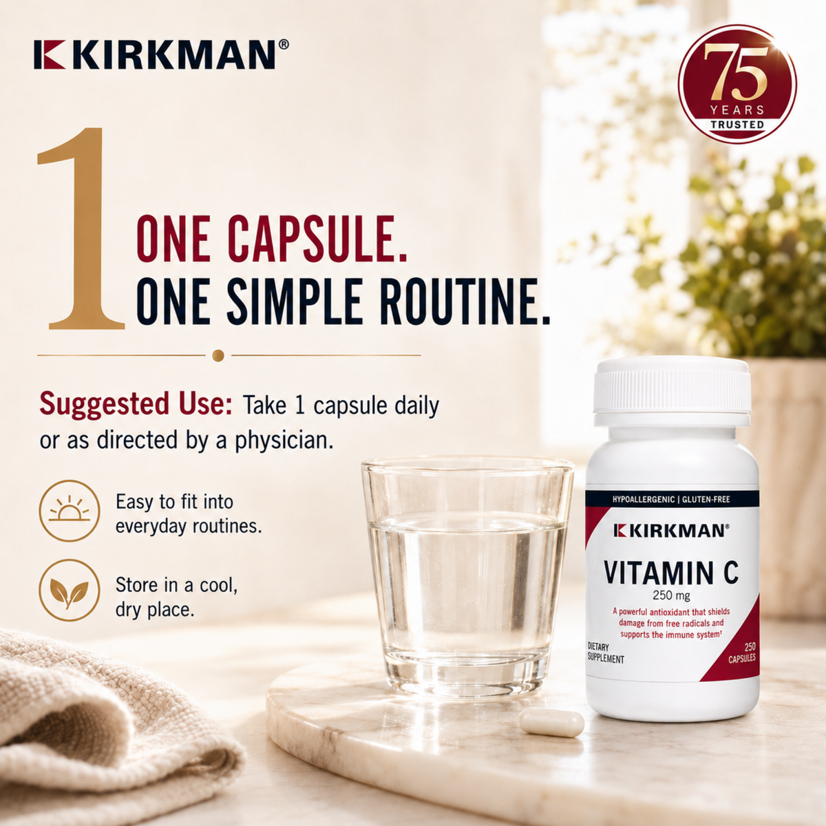 Kirkman Vitamin C supplement bottle shown beside a glass of water and a capsule on a marble surface, with marketing text reading '1 One Capsule. One Simple Routine.