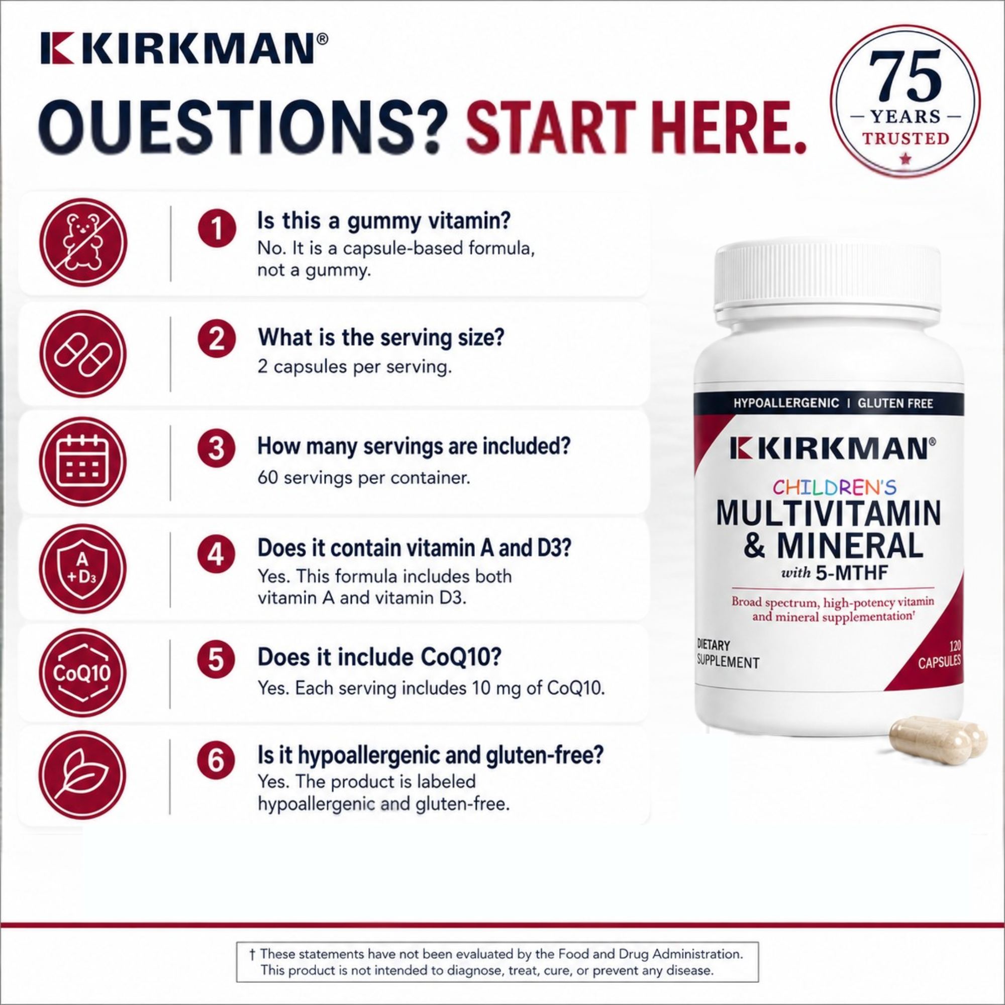 Kirkman Children's Multivitamin & Mineral supplement bottle shown on a white infographic background with six common product questions and icons, plus a small capsule and a 75 years trusted badge.