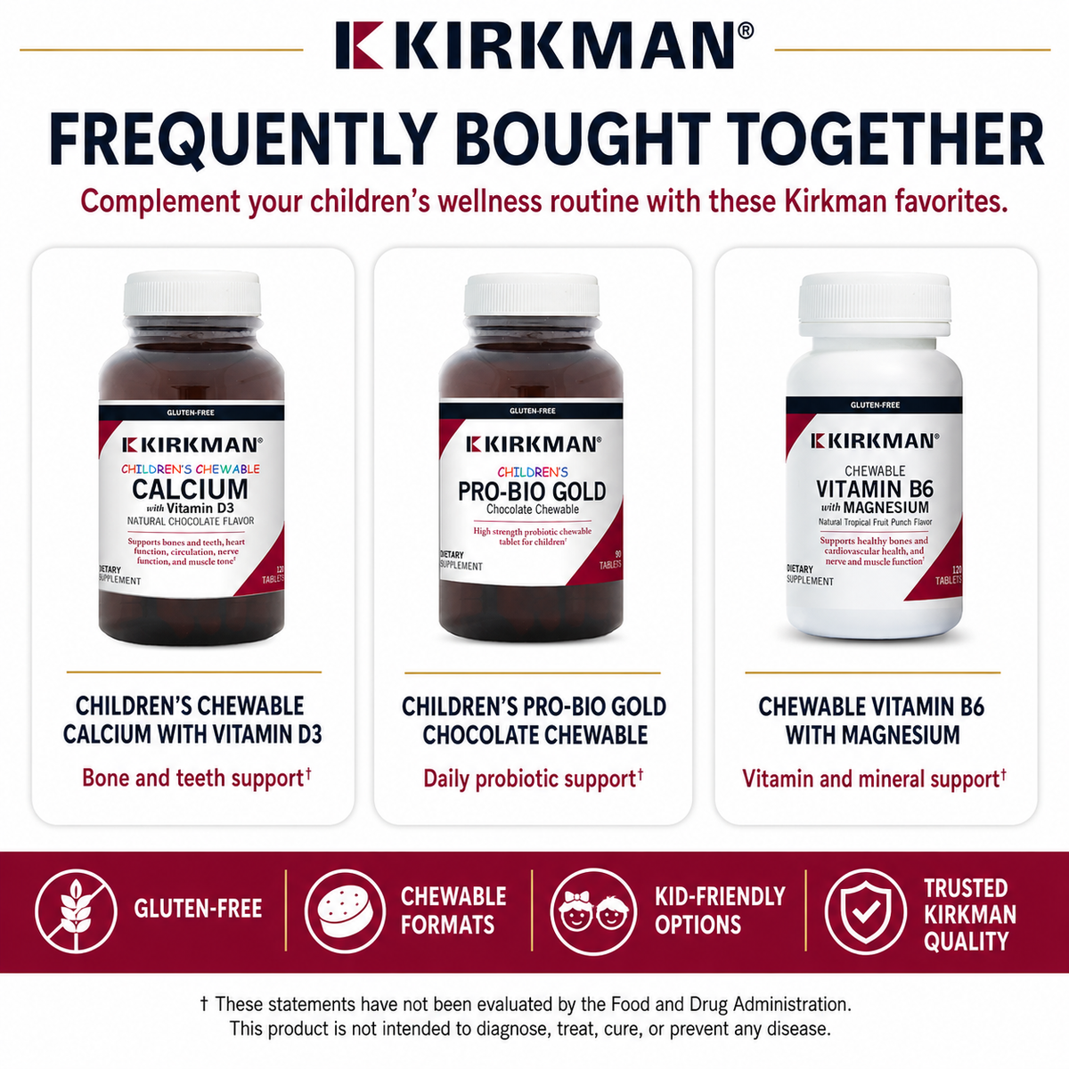 A promotional collage for Kirkman children's wellness chewables, showing three supplement bottles side by side: Children's Chewable Calcium with Vitamin D3, Children's Pro-Bio Gold Chocolate Chewables, and Chewable Vitamin B6 with Magnesium. The layout includes the Kirkman brand name at the top, marketing text, and feature icons along the bottom.