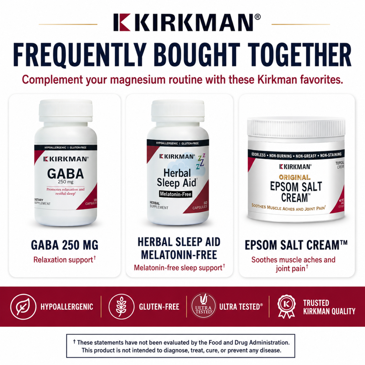 A promotional collage for Kirkman supplements showing three products: GABA 250 MG, Herbal Sleep Aid Melatonin-Free, and Epsom Salt Cream. The image includes the Kirkman brand logo at the top, product names and descriptions below each bottle/jar, and feature icons along the bottom on a white background with red banner accents.